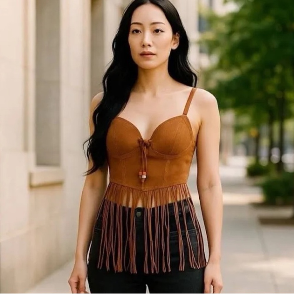 Faux Suede Fringe Corset Top